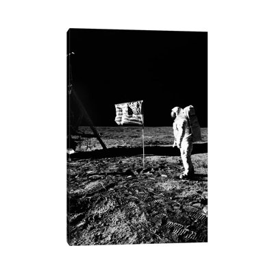 1969 Astronaut US Flag And Leg Of Lunar Lander On The Surface Of The Moon by Vintage Images - Wrapped Canvas Print