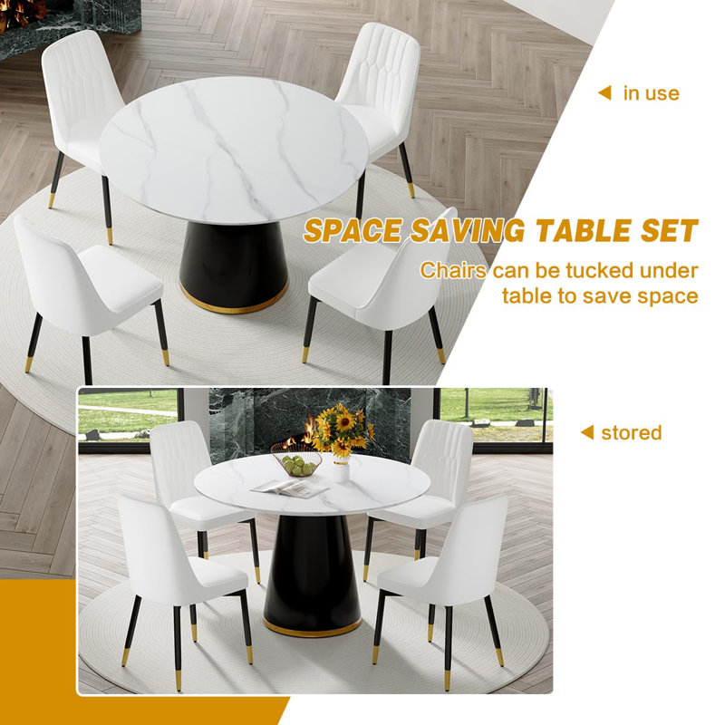 Marble Look Dining Room Table Set With Chairs – Elegant, Durable, Easy To Maintain, White, 5 Pieces: Table, 4 Chairs