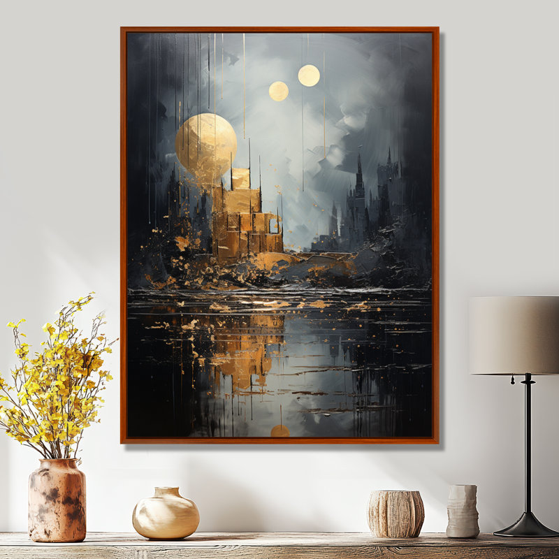 Golden Cityscape Full Moon Reflection - Art abstrait paysage mural, Toile avec cadre flottant brun