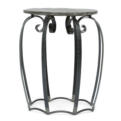 Side End Table, Gray Iron Frame, Round Brown Mango Wood Top, 21 Inch
