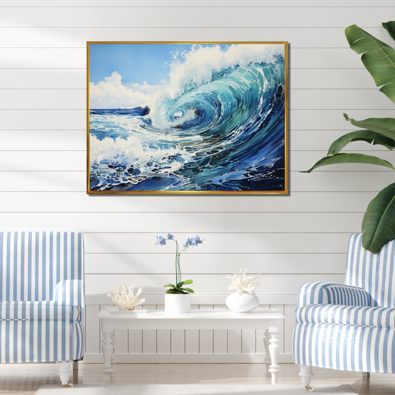 «Beach Surfs Up Pointillism II», reproduction d'art sur toile, H 16 po x l 32 po x P 1 po, Cadre flottant doré
