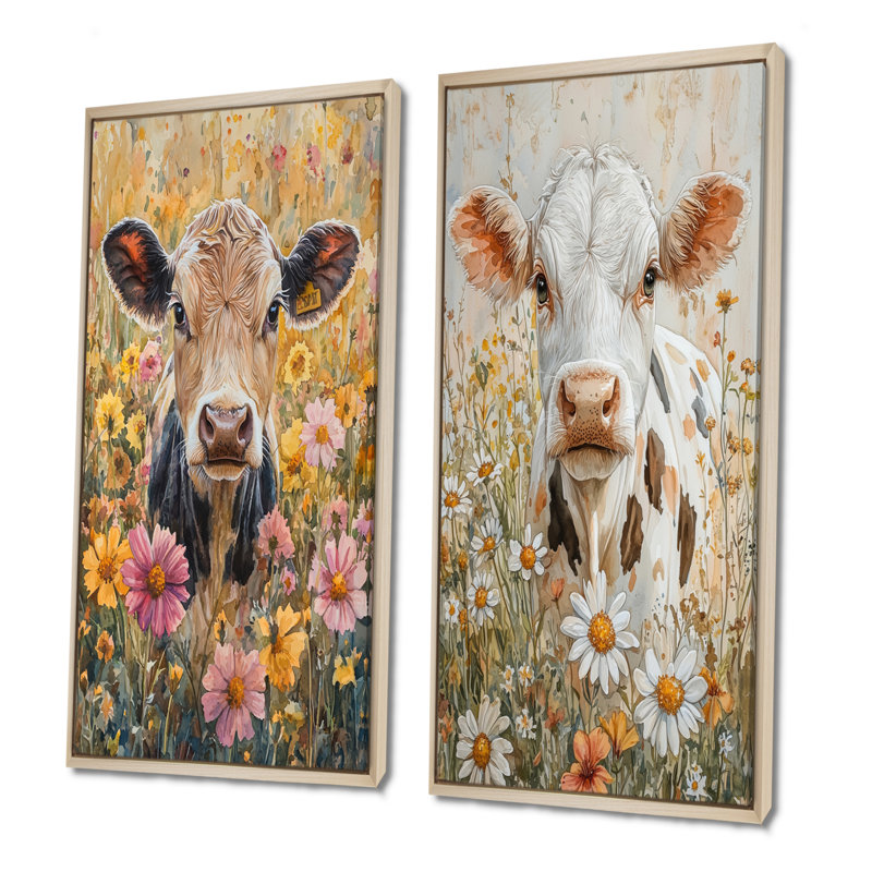 Collection de 2 panneaux muraux de vache avec hibiscus III - animaux, H 40 po x l 41 po, Cadre crème crème