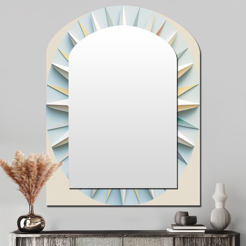 Visionary Dream Retro Mandala On White VIII - Abstract Spirals Arch Wall Mirror, Modern Asymmetrical Decorative Mirror, Printed Metal Art