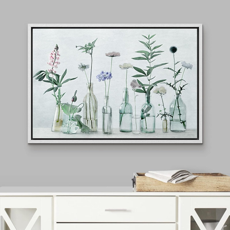 "Fleurs pastel dans des vases en verre" sur toile, Cadre blanc, H 24 po x l 36 po