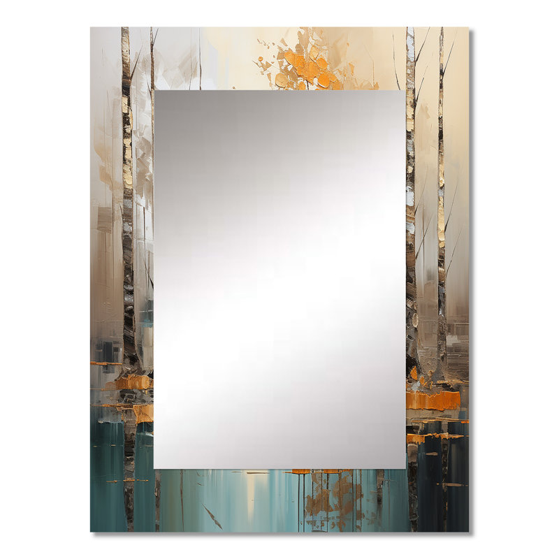 Birch Woods Golden Reflections I - miroir décoratif en bouleau, miroir mural traditionnel, impression d'art en métal
