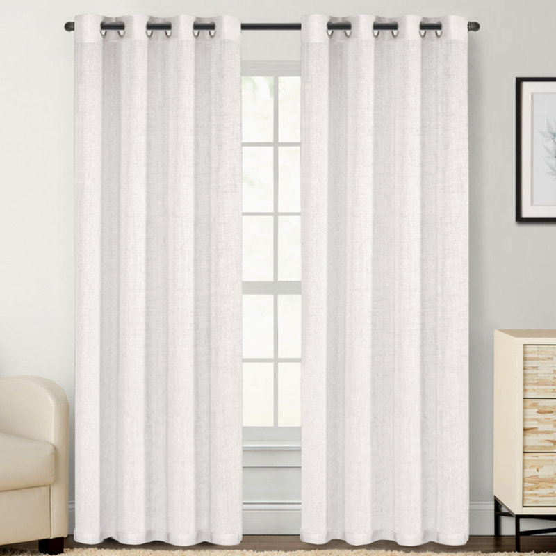 Lyla Linen Solid Color Bedroom Privacy Window Drapes Energy Saving Light Filtering Sheer Woven Linen Elegant Grommet 2 Curtain Panels , Purewhite