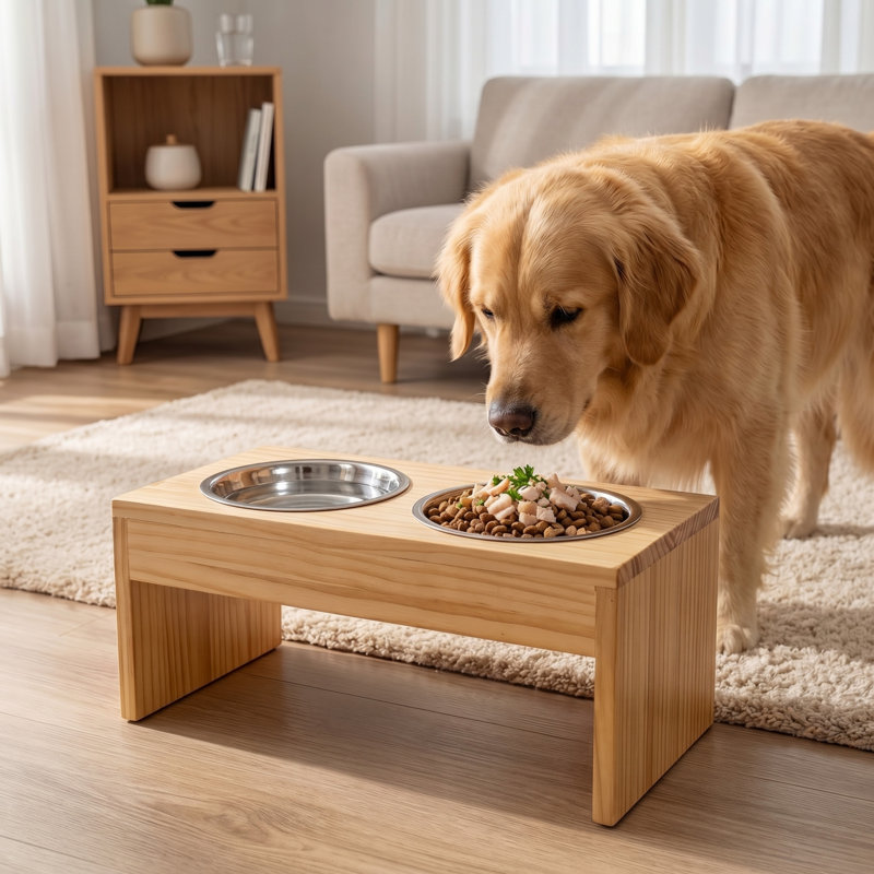 Ensemble de bol pour chien surélevé, comprenant un bol en acier inoxydable et un support en bois, convenant aux chiens de taille moyenne à grande