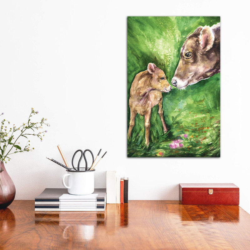Vache et bébé, décoration murale pour enfants, H 12 po x l 8 po x P 0,75 po, Toile tendue
