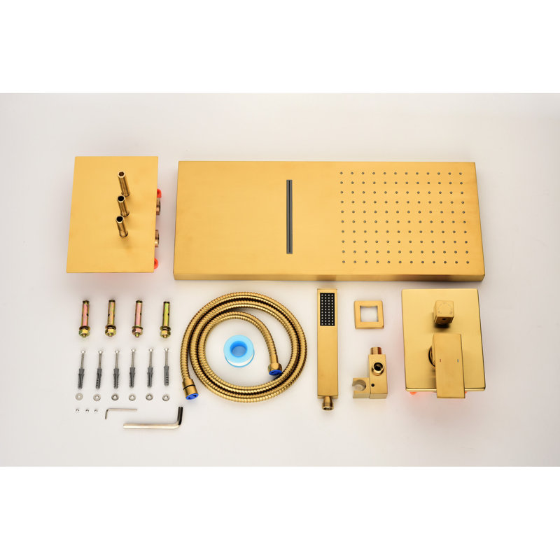 Wall Mounted Shower Valve With High Rectangular Head And Handheld - Brass Gold 3