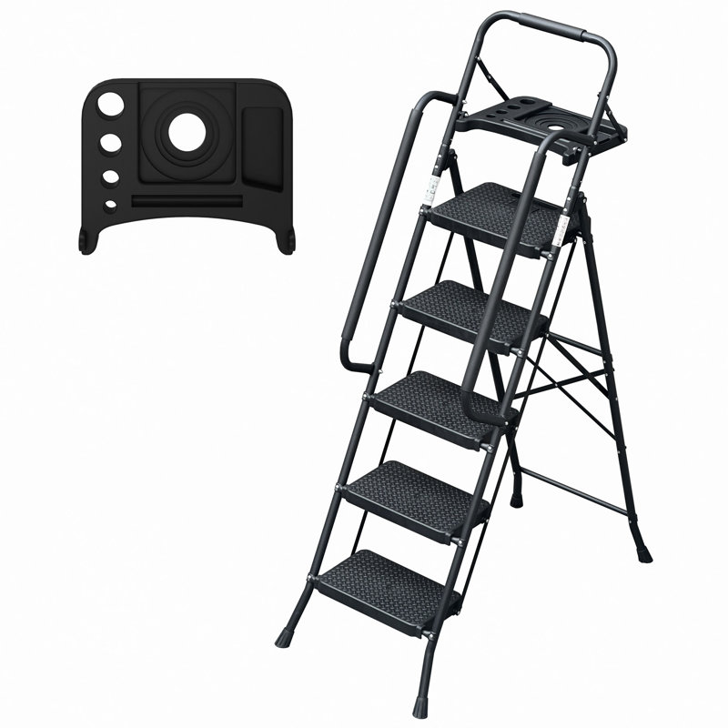 Escabeau pliant à 5 marches avec rampes et plateforme à outils, escabeaux pour adultes d'une capacité de 330 lb, 5.51, Noir