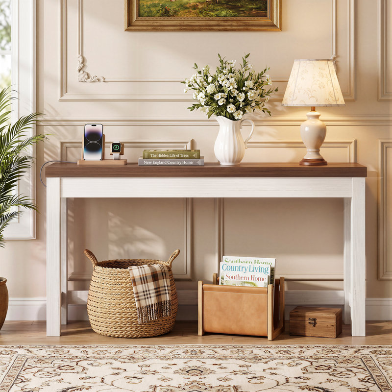 63 Inch Console Table with Outlet, White, Brown Oak