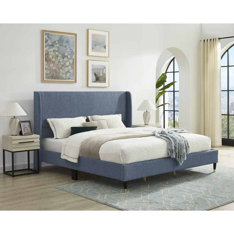 Rozitta Upholstered Wingback Bed, King, Blue Polyester
