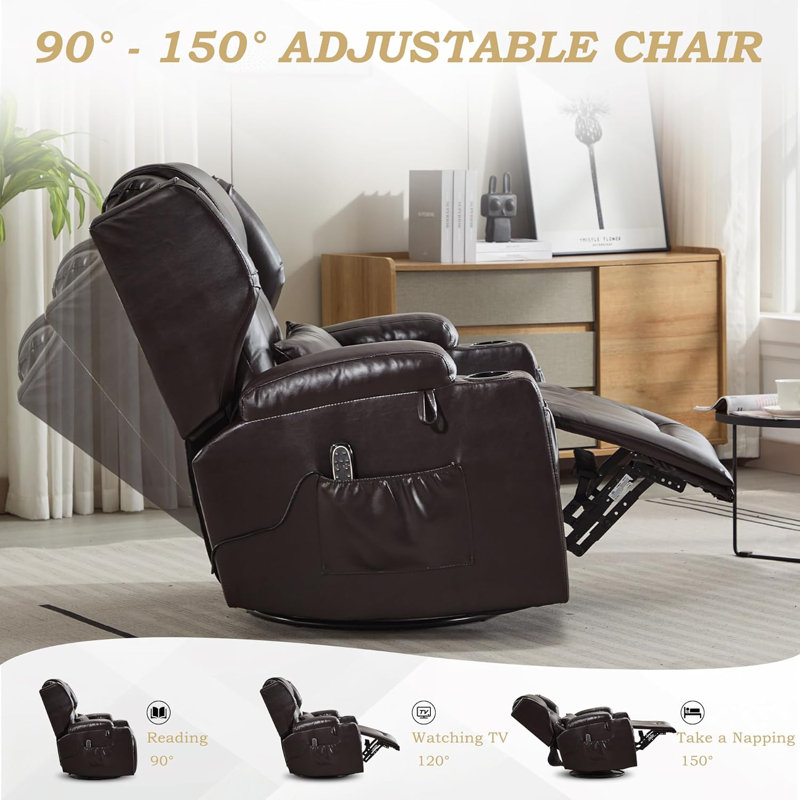 Brown Faux Leather Swivel Recliner with Massage and LED Lights