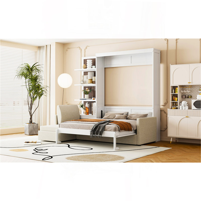 Grand lit escamotable mural avec canapé et tablettes, blanc, Blanc