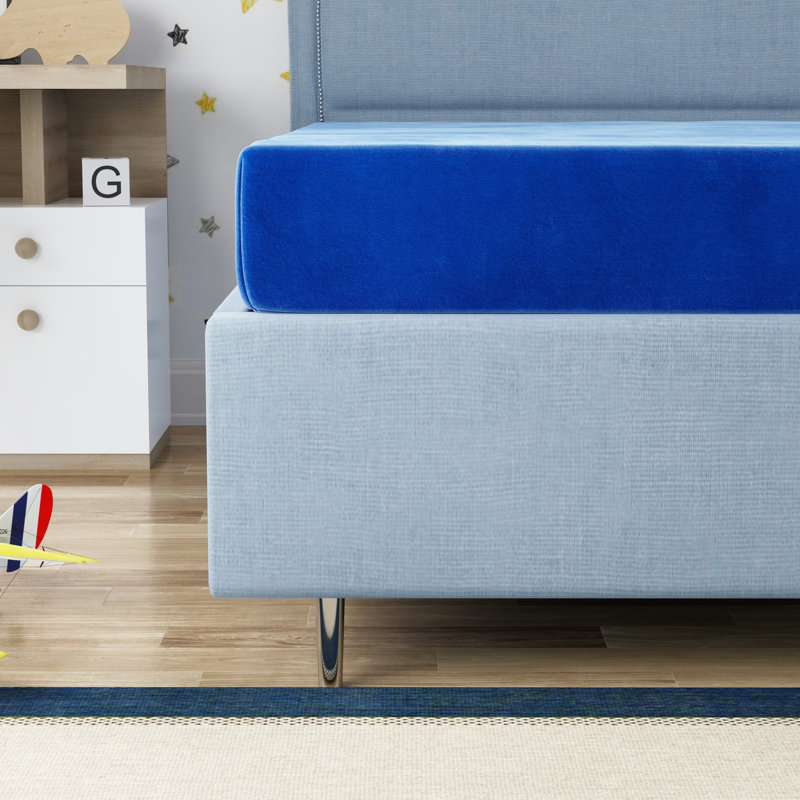 Matelas simple bleu 7 po pour jeunes avec housse d'eau, couche de confort mémoire de 2 po 3 lb, base de soutien à haute densité de 5 po, ou base à choix complet, options