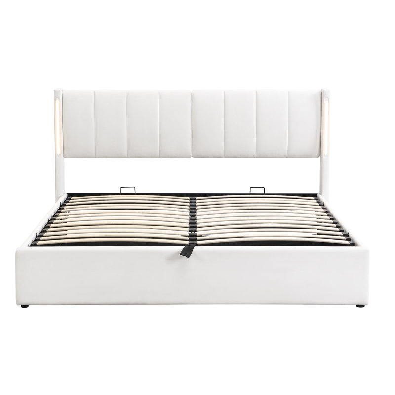 Upholstered Storage Bed With Adjustable Headboard, USB And LED PU, Kingsize (5'), White