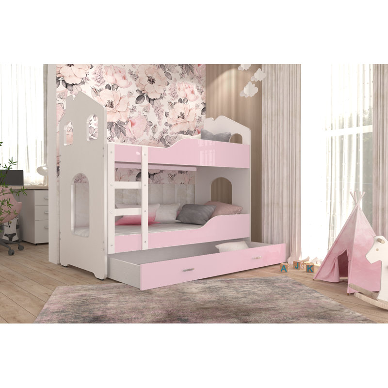 Liev Bunk Bed with Storage Included with Built-in Ladder Included, Pink/White