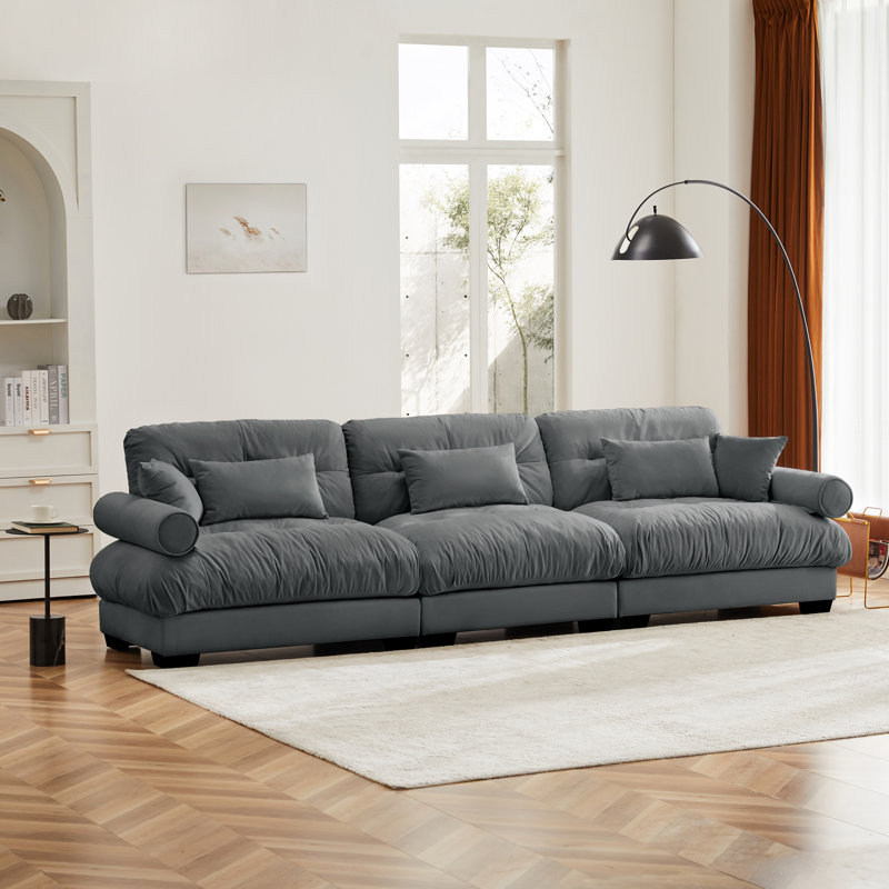Canapé modulaire en velours 3 places avec coussins Frederick, H 33,4 po x l 130 po x P 37 po, Velours gris velours