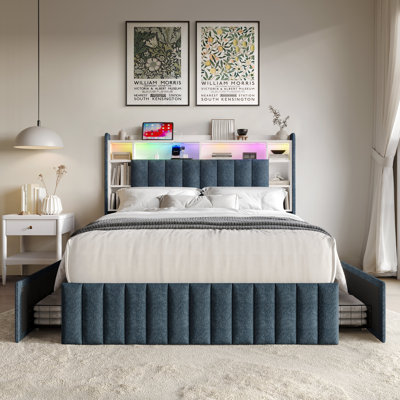 KING SIZE BOOKCASE BED IN DARK BLUE CHENILLE