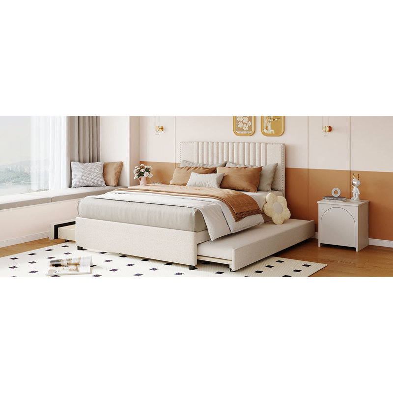 Lit plateforme tapissier beige avec 2 boîtes de rangement et lit gigogne, tête de lit classique, solide et contreplaqué, chambre extensible, tiroirs en contreplaqué faciles à assembler, rehaussant le sommeil, installation