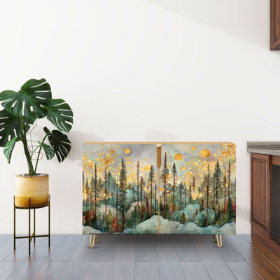 Sideboard Buffet Cabinet with Storage Misty Pine Forest Watercolor with 2 Doors for Living Room and Kitchen