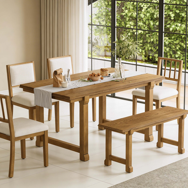 6-Piece Farmhouse Dining Set for 6, Kitchen & Dining Room Sets with Solid Wood Legs and Frame, Ergonomic Dual-Style Chairs, Ideal for Kitchen & Dining Room (Beige )