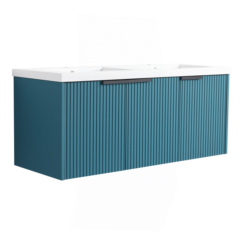 Meuble-lavabo mural 48 po avec lavabo double en résine et 3 portes à fermeture en douceur, emballage KD, Bleu lac