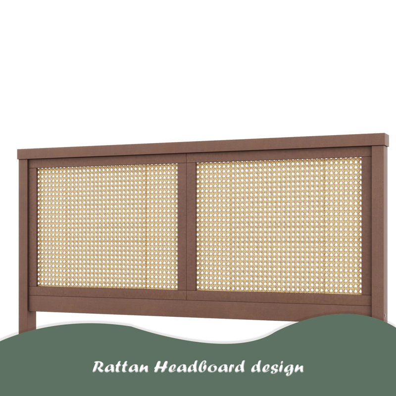 Lit plateforme en bois avec 4 tiroirs et tête de lit en rotin, Lit double, Espresso