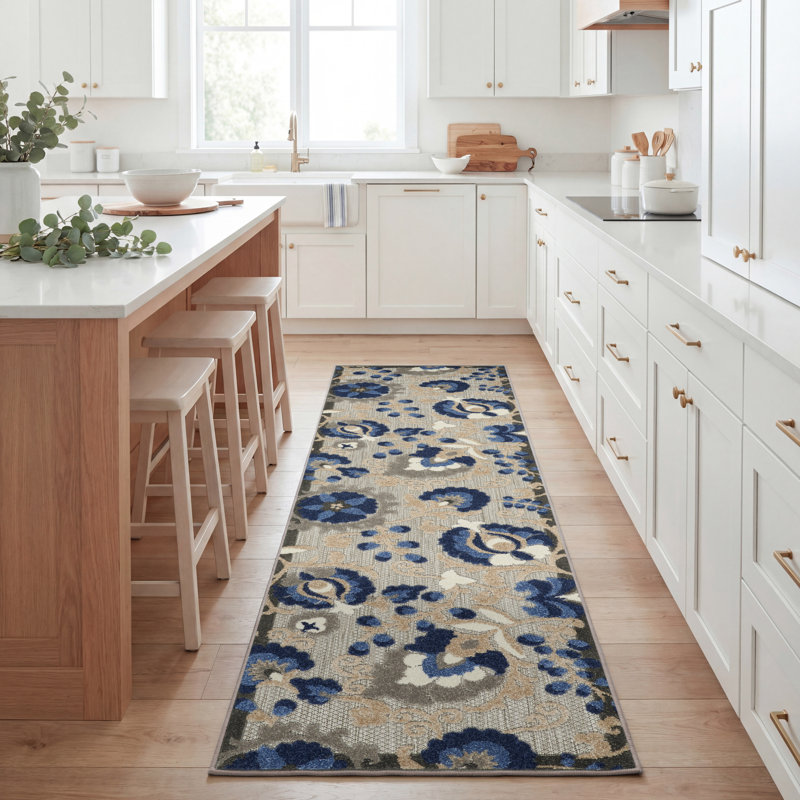 Ciann Floral Blue/Gray Indoor/Outdoor Area Rug, Rectangle 2'3" x 10'