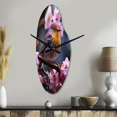 Ziana Yellow Bird On Blossom Cherry III - Bird Curved Metal Clock, Modern Asymmetrical Wall Clock Print