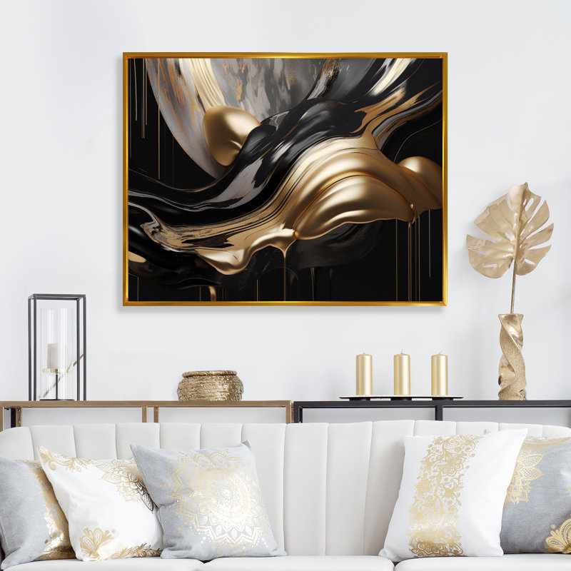 Marbre captivant doré et noir II - art abstrait sur toile marbrée, H 34 po x l 44 po, Reproduction avec cadre flottant, Doré