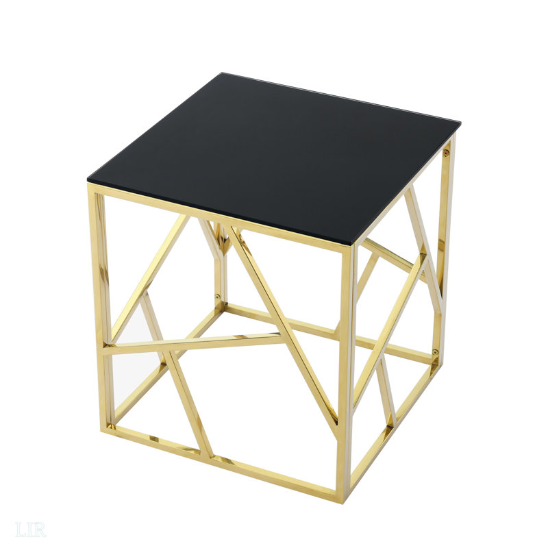 Table de bout moderne en verre avec structure en métal géométrique, table de chevet décorative, table de coin pour le salon, le bureau personnel, la chambre à coucher