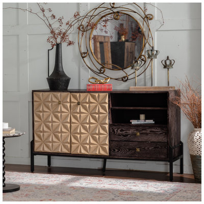 Buffet 56,3 po Mid-Century avec portes géométriques 3D, console en bois massif et panneau de fibres à densité moyenne pour le salon