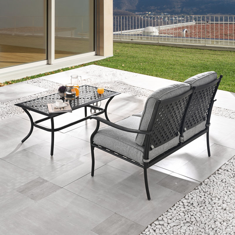 2-Piece Outdoor Metal Loveseat And Coffee Table Patio Chat Set, Gray