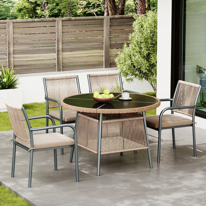 4 - Person Patio Dining Set with Round Table, Black, Grey