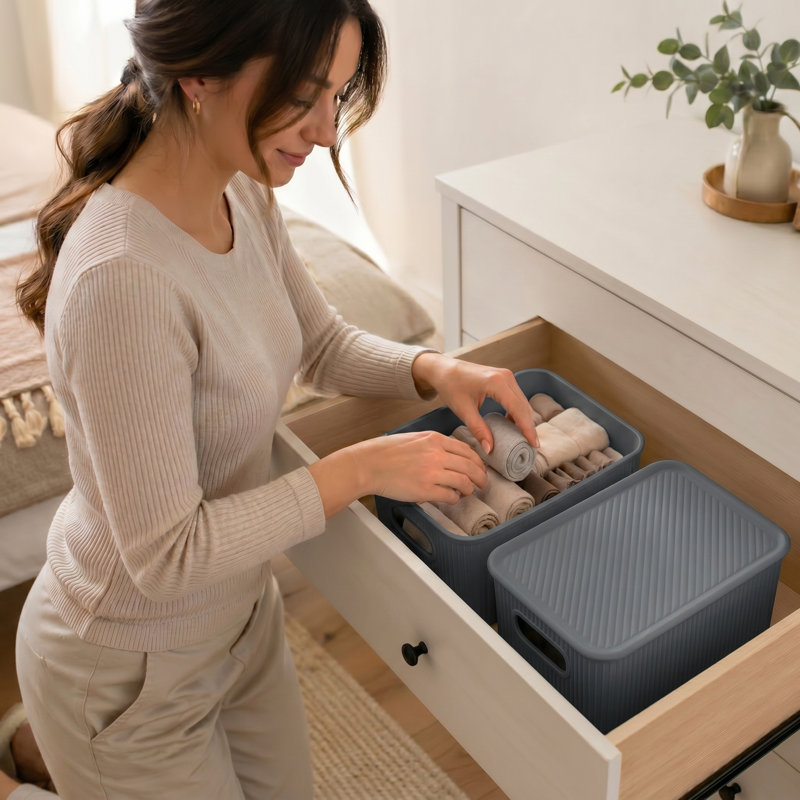 Plastic Ribbed Storage Baskets, 6, Taupe