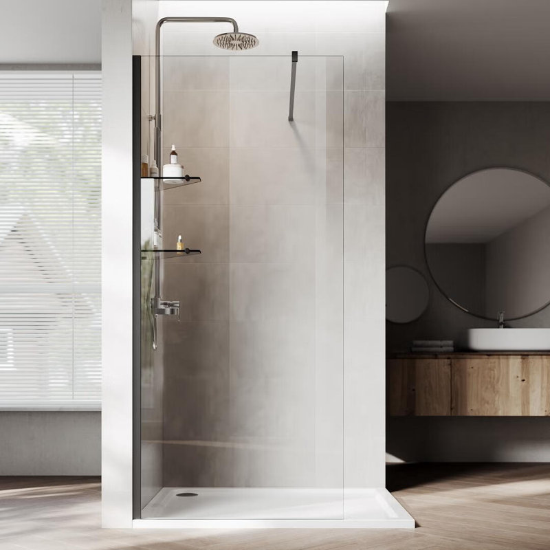 32”W*74”H Frameless Shower Screen with 8mm Clear Tempered Glass, Glass Shelves, Chrome