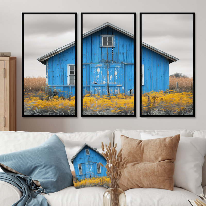 Ensemble de salon art mural grange d'automne bleu gris, Cadre flottant noir, H 32 po x l 48 po x P 1 po