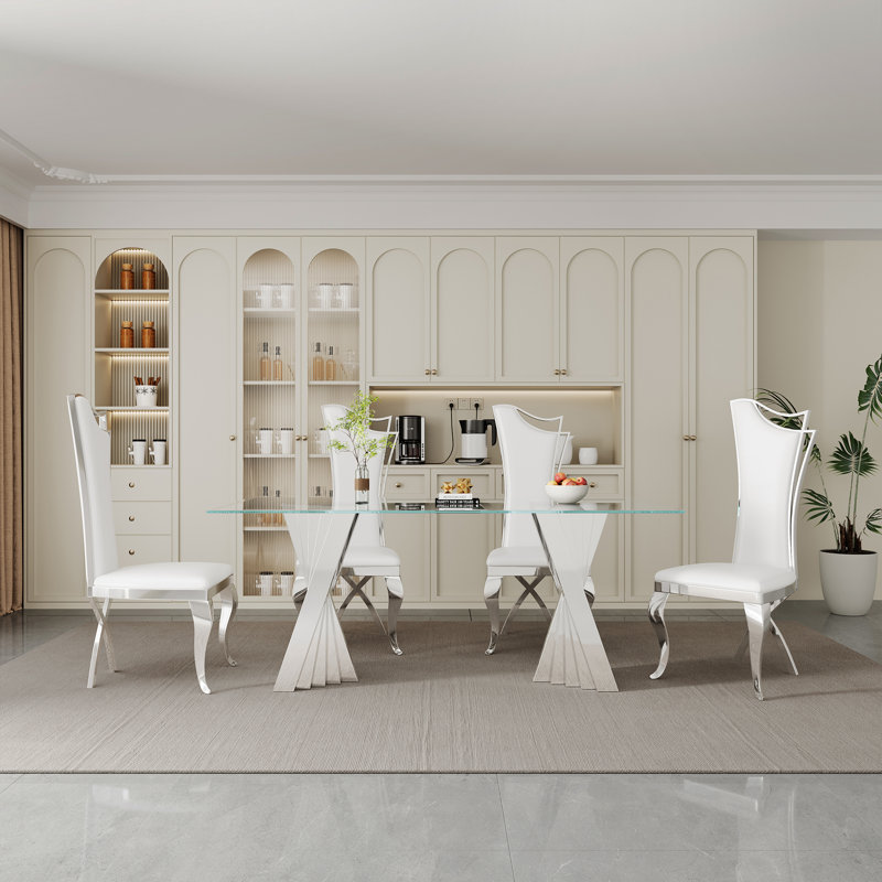 Ensemble repas, 5 pièces: table, 4 chaises, Argent argent, Blanc / argenté