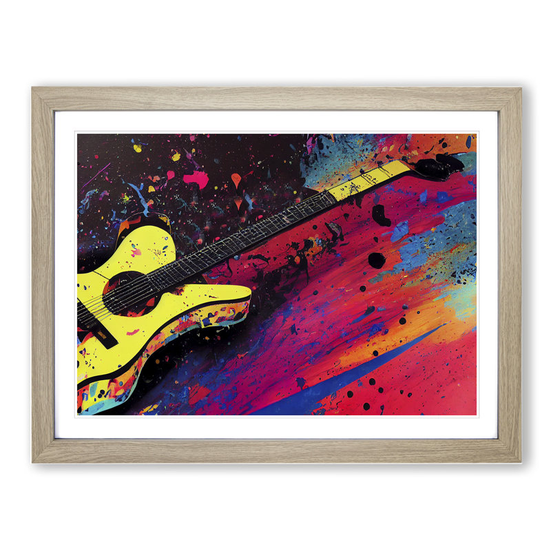 Gorgeous Guitar Splatter Abstract 1 Piece Single Picture Frame Wall Art, 25cm H x 34cm W x 2cm D, Oak Framed