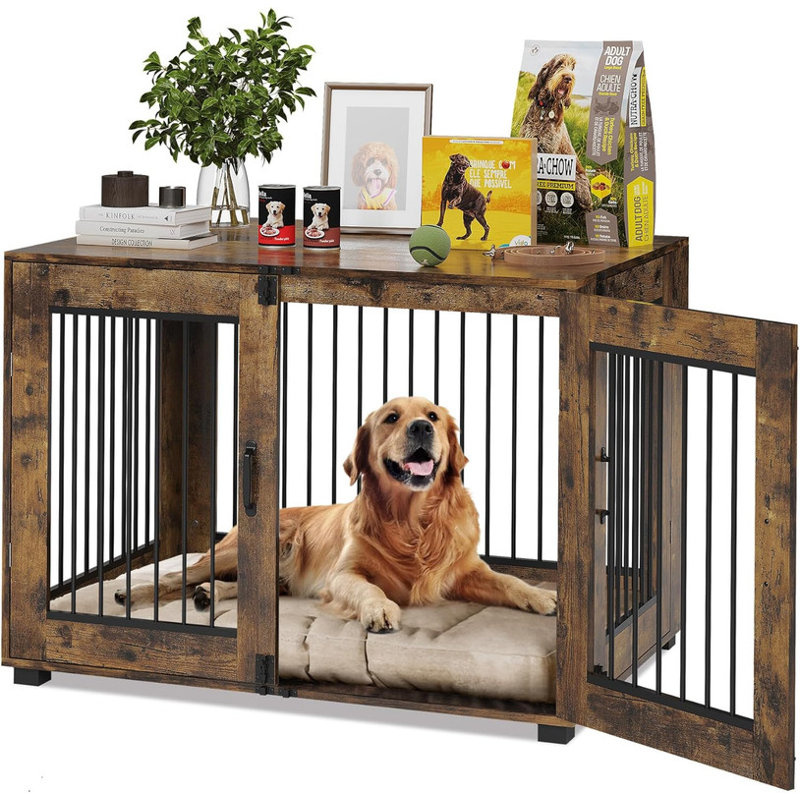 Meuble de caisse en bois pour chien - Table de bout à deux portes résistante à la mastication, cage intérieure ventilée