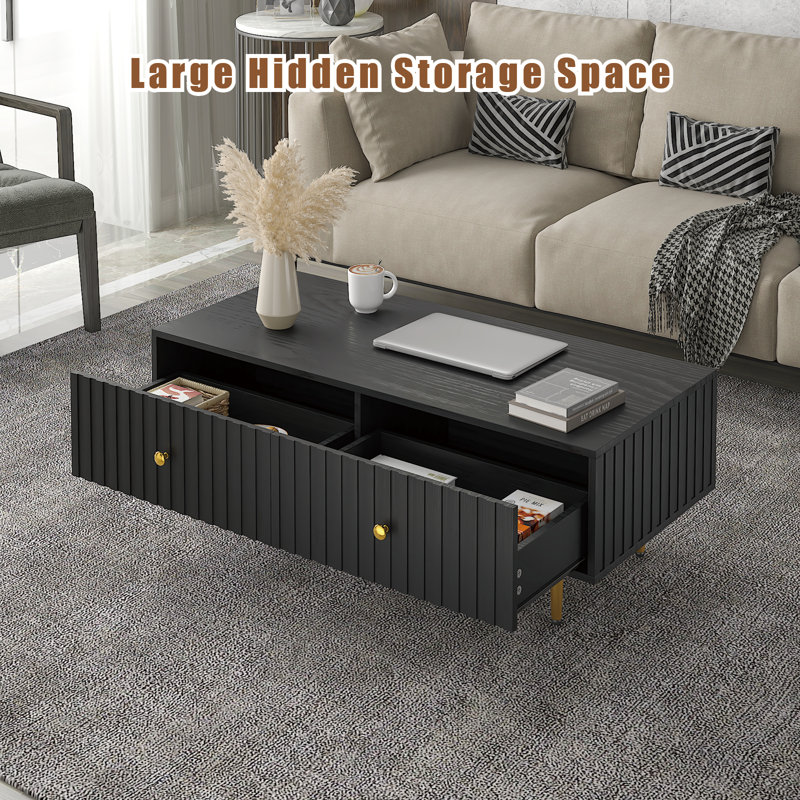 Modern Rectangle Coffee Table with Drawers for Living Room, Black