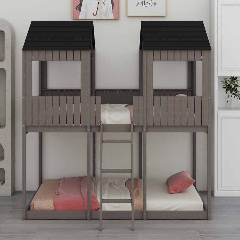 Wood Bunk Bed With Roof, Window, Guardrail, Antique Gray