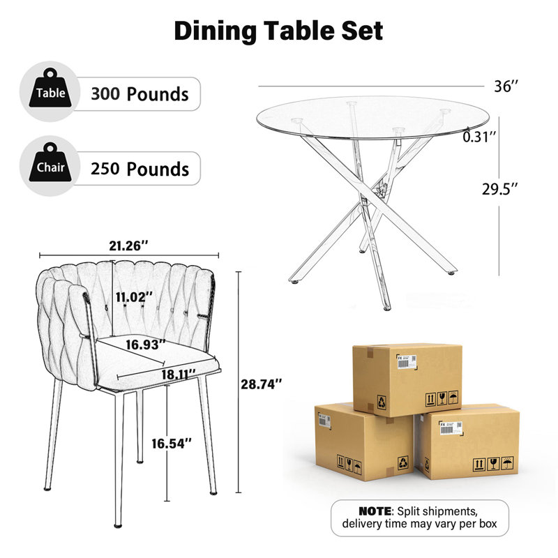 Azaryah Round Restaurant Dining Set, Modern Cross Pedestal Dining Table with Upholstery Velvet Dining Chair, Black