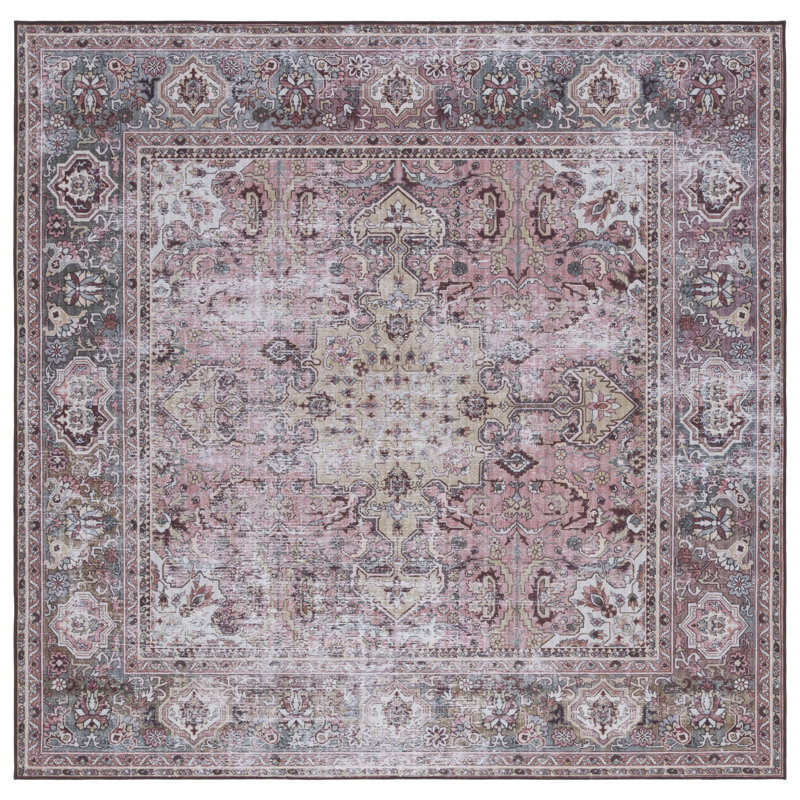 Tucson Vintage Look Machine Washable Non-Slip Area Rug in Red/Pink, Square 183 cm