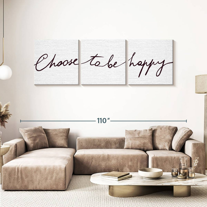 «Happiness Quotes Choisir d'être heureux», ensemble de 3 pièces sur toile par Eleanor L., H 30 po x l 92 po x P 1,25 po