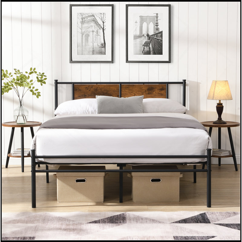 Cadre de lit en métal, tête de lit avec décoration en bois, Lit double