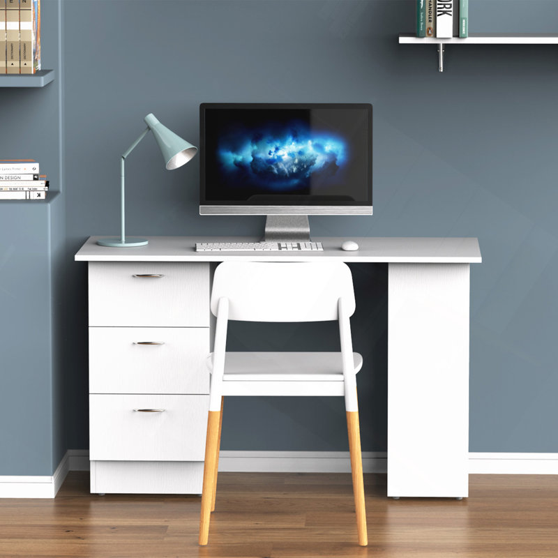 Bureau, poste de travail 47 po avec 3 tiroirs et tablette de rangement - blanc