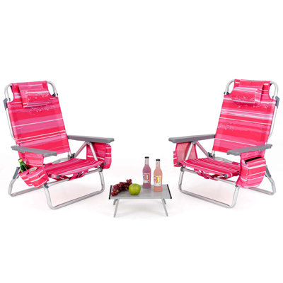 2-pack Folding Backpack Beach Chair Table Set 5-position Outdoor Reclining Chair Hot Pink