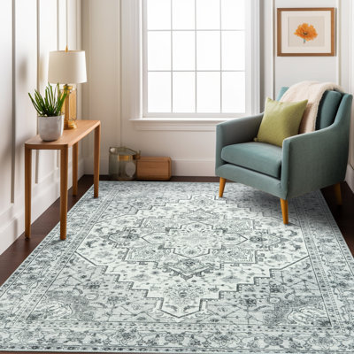 Tapis lavable à la machine de 7 x 10 pi, tapis d'aspect cachemire avec envers antidérapant et bordure durable, tapis de style bohémien convenant au salon, à la chambre à coucher et à la salle à manger